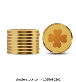 Vector Illustration of a golden clover shamrock coin on white background saint patrick's day