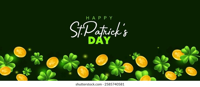 Vector illustration of golden coin and irish green clover with happy saint patricks day word. 3d style design of template with clover and leprechaun gold in pattern border for st patrick day banner