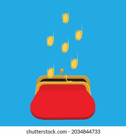 Vector illustration golden coins falling in red retro purse isolated on blue background. Dollars dropping in open purse. Saving money concept