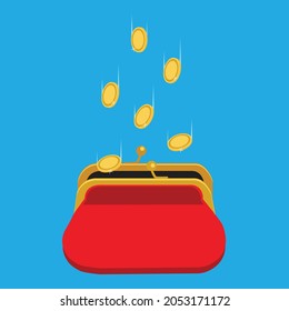 Vector illustration golden coins falling in red retro purse isolated on blue background. Dollars dropping in open purse. Saving money concept