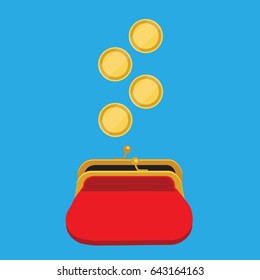 Vector illustration golden coins falling in red retro purse isolated on blue background. Dollars dropping in open purse. Saving money concept