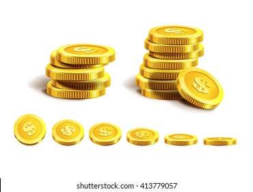 Vector Illustration Of Golden Coins. Isolated On White. 