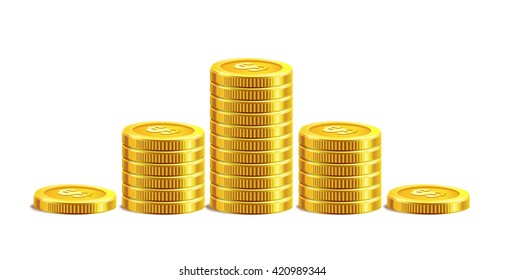 Vector Illustration of golden coins. Isolated on white. Increase profit. Earnings money.