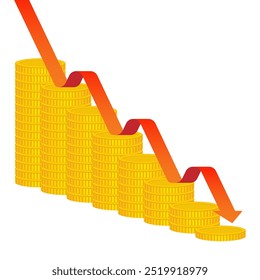 Ilustración vectorial de monedas de oro con una flecha roja apuntando hacia abajo, pérdida financiera, recesión económica y caída del mercado. Conceptos de negocios, finanzas e inversión que representan la recesión o la crisis.