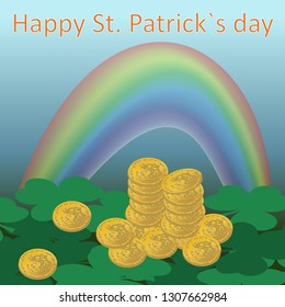 Vector illustration of golden coins,clovers and rainbow.St.Patrick`s day card,banner