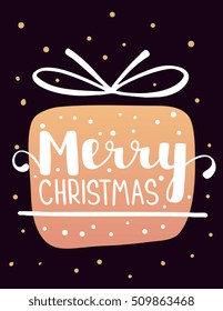 Vector illustration of golden color christmas gift with handwritten text merry christmas and snow on dark background. Hand draw flat stylized design for web, site, banner, poster, print, greeting card
