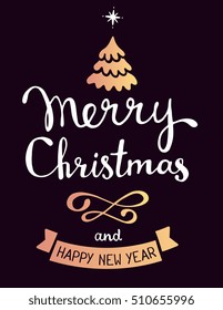 Vector illustration of golden color christmas fir tree with handwritten text merry christmas and ribbon on dark background. Hand draw flat stylized design for web, site, banner, poster, greeting card