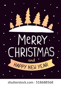 Vector illustration of golden color christmas fir trees with handwritten text merry christmas on dark background with snow. Hand draw flat stylized design for web, site, banner, poster, greeting card