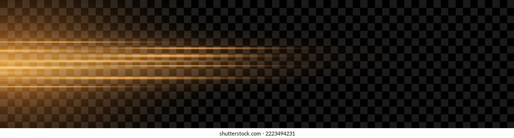 Ilustración vectorial en color dorado. efecto luminoso. Vigas de luz láser abstractas. Caóticos neones de luz sobre un fondo transparente.