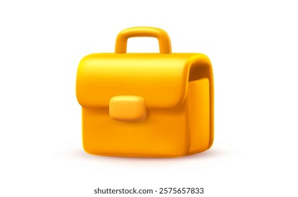 Vector illustration of golden color office work briefcase on white background. 3d cartoon style design of male work bag for document and portfolio with lock. Business brief case icon for web banner