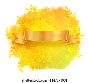 Vector illustration of golden color scroll banner on watercolor spot with Autumn leaves isolated on white background.