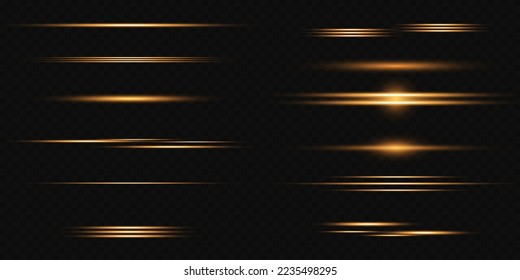 Vector illustration in golden color. Set of light effects. Flashes and glare. Bright beams of light. Glowing lines. 