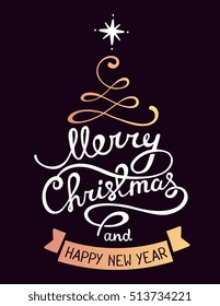 Vector illustration of golden color stylized christmas fir tree with white handwritten text merry christmas and ribbon on dark background. Hand draw design for web, site, banner, poster, greeting card