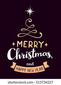 Vector illustration of golden color stylized christmas fir tree with handwritten text merry christmas and ribbon on dark background. Hand draw design for web, site, banner, poster, greeting card
