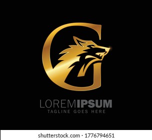 A vector illustration of golden color wolf symbol for monogram letter G with black background