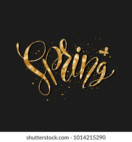 Vector illustration of golden colored glittering Spring word on black background.