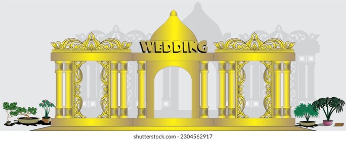 Vector illustration of golden colored Indonesian wedding altar gold, just married