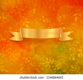 Vector illustration of golden colored ribbon banner on autumn leaves grunge background.