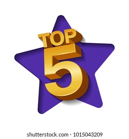 Vector illustration of golden colored Top 5 words and star on paper art background.