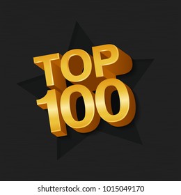 Vector illustration of golden colored Top 100 hundred words and star on dark background.