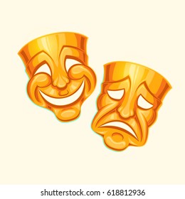 Vector illustration of a golden comic and tragic theater mask in a cartoon style