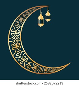 Vector illustration of a golden crescent moon with elegant Islamic ornaments, perfect for a decor element for your design.