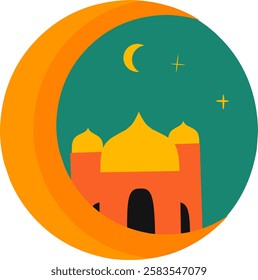 A vector illustration of a golden crescent moon with a silhouette of a mosque under a starry night sky, representing Islam, Ramadan, and Eid celebrations. Perfect for greeting cards, posters, and reli