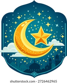 Vector illustration of a golden crescent moon and star in the night sky surrounded by clouds and glowing stars. Islamic festive background with mosque silhouettes symbolizing Ramadan and Eid al-Fitr. Ideal for holiday greeting cards, Islamic designs, banners, posters, and digital projects.