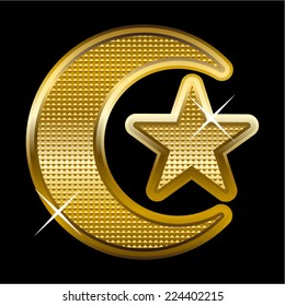 Vector illustration of a golden crescent and star, symbol of Islam