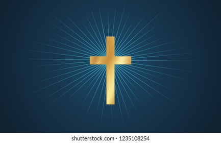 Vector illustration of a golden cross on blue background. Cross in glow