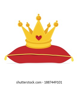 Vector illustration golden crown on the red pillow. Royal crown on velvet pillow. Vector