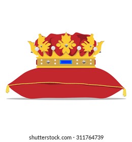 Vector illustration golden crown on the red pillow. Royal crown on velvet pillow