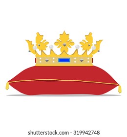 Vector illustration golden crown on the red pillow. Royal crown on velvet pillow