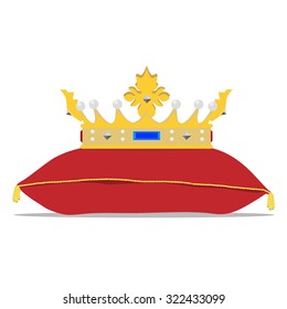Vector illustration golden crown on the red pillow. Royal crown on velvet pillow