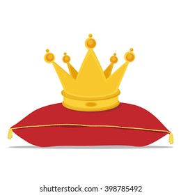 Vector illustration golden crown on the red pillow. Royal crown on velvet pillow