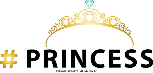 vector illustration of a golden crown, princess hashtag with text and gold coronet with diamond	
