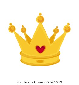 Vector illustration golden crown with red heart gemstone isolated on white. Golden crown icon