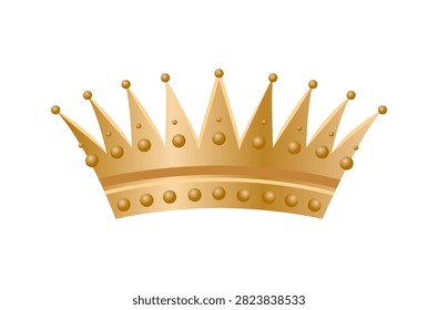 Vector illustration of a golden crown with sharp points and spheres. Classic royal diadem isolated on white background.