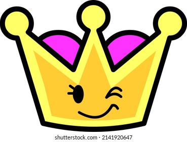 Vector illustration of a golden crown with a winking face. cartoon style