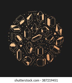 Vector illustration of golden crystals in a circle. Geometric composition poster hipster. Jewel and vip