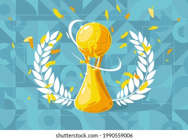 Vector illustration of the golden cup with the golden ball, the cup of the winner of the international football tournament with the golden confetti