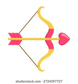 Vektorgrafik eines goldenen Amor-Bogens mit einem rosafarbenen Herzpfeil. Romantisches Bogensymbol für Valentinstag-Grußkarten, Hochzeitseinladungen und Grafikdesigns mit Liebesmotiven.