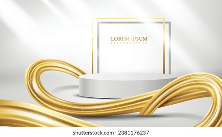 vector illustration golden curve wave lines luxury presentation background,cosmetic product display modern and creative white podium and light rays backdrop,royal award banner.