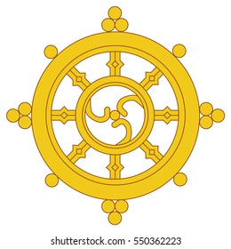 Vector illustration golden Dharma wheel. Buddhism vector symbol. Dharmachakra.