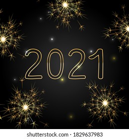 Ilustración vectorial con dígitos dorados 2021 y destellos sobre fondo negro. Para una tarjeta de saludo o una invitación al partido, publica en medios sociales, correo, póster, portada, web y banner publicitario, volante.