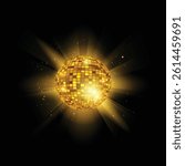 Vector illustration of golden disco ball on the background of bright rays and glowing particles. Retro decor for parties and club celebrations. Glowing glass sphere. Isolated black background.