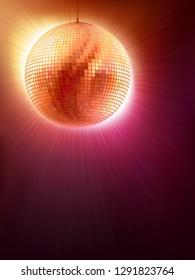 Vector Illustration of a Golden Disco Ball on a Purple Background. 