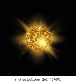 Vector illustration of golden disco ball on the background of bright rays and glowing particles. Retro decor for parties and club celebrations. Glowing glass sphere. Isolated black background.