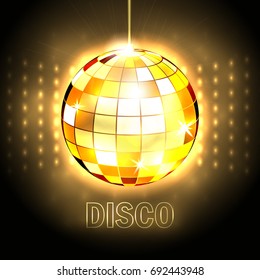 Vector illustration of golden Disco ball with light isolated on black background