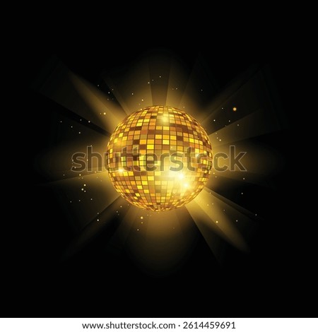 Vector illustration of golden disco ball on the background of bright rays and glowing particles. Retro decor for parties and club celebrations. Glowing glass sphere. Isolated black background.